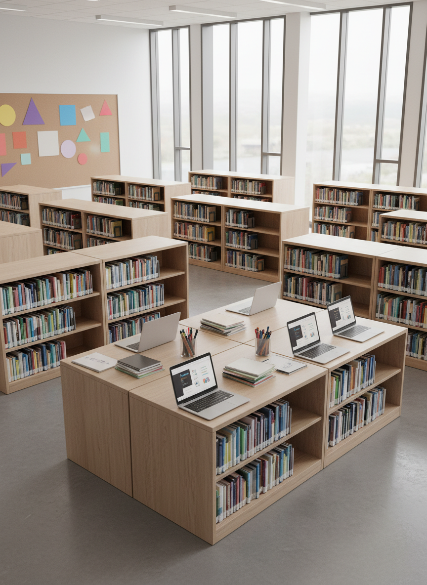 A spacious, contemporary school library captured in photographic realism, with rows of low, light-wood shelves filled with varied, colorful book spines and a central collaborative workspace of modular tables pushed together. On the tables sit a mix of open laptops, stacked notebooks, and a transparent container of markers, arranged to suggest ongoing projects without any visible people. Large floor-to-ceiling windows on one side let in diffused overcast daylight, illuminating the space with a calm, even glow and creating soft reflections on the polished floor. In the distance, a bulletin board displays non-legible shapes in place of text. The atmosphere is reflective and aspirational, emphasizing readiness for life and long-term learning. Shot from a slightly elevated angle with sharp focus throughout, the composition balances order and creativity in a clean, professional aesthetic.