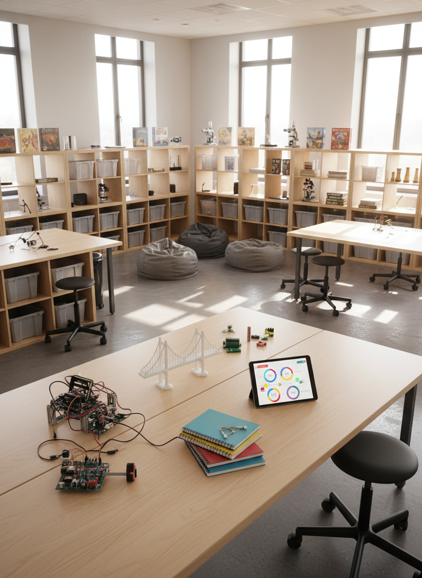 A sunlit project-based learning lab with flexible furniture, captured in realistic photographic style. In the foreground, a large, light-birch table holds an assortment of learning artifacts: a partially assembled robotics kit, a small 3D-printed bridge, neatly stacked reflection journals, and a tablet propped up showing a colorful, text-free interface of icons and progress circles. Around the perimeter, open shelving displays bins of supplies, board games, and science equipment, all neatly organized. Soft midday light filters through high windows, creating bright patches on the floor and gentle shadows under the furniture. The mood is curious, innovative, and growth-oriented, emphasizing experimentation and iteration. Shot at a slightly elevated three-quarter angle with moderate depth of field, the composition highlights both the central table and the surrounding resources, projecting a professional yet imaginative tone.
