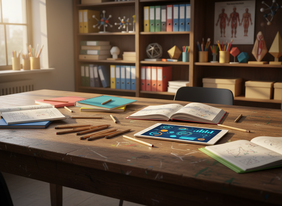 A well-worn wooden classroom table viewed from an eye-level photographic perspective, its surface scattered with colorful open notebooks, sharpened pencils, and a single digital tablet displaying a bright, abstract learning dashboard with charts and icons instead of text. In the softly sunlit background, slightly out of focus, tall bookshelves hold an eclectic mix of binders, science models, and art supplies, suggesting a rich learning environment. Late-afternoon natural light streams through large unseen windows, casting gentle, elongated shadows and warm highlights across the table’s grain. The mood is thoughtful and quietly energetic, evoking long-term learning and growth. The composition uses the rule of thirds with a shallow depth of field, emphasizing the tools of learning. The style is clean, modern photographic realism, suitable for a professional education insights blog.