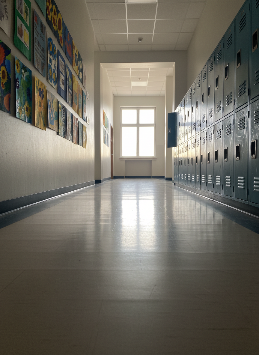 An inviting school hallway transformed into a learning gallery, photographed from a low, forward-looking angle that emphasizes depth and future-oriented movement. Along the walls, framed student projects and abstract infographics without readable text are displayed in neat rows, mixing vibrant colors with neutral tones. Lockers in muted blues and grays line the opposite side, their surfaces slightly scuffed, suggesting authentic, everyday use. Soft morning light pours in from a window at the far end, creating a gentle gradient of brightness and subtle reflections on the waxed floor. The mood is hopeful and forward-looking, symbolizing the long game of education. The composition uses leading lines to draw the viewer toward the distant light, with clean, photographic realism and a professional, documentary feel appropriate for an education insights blog.