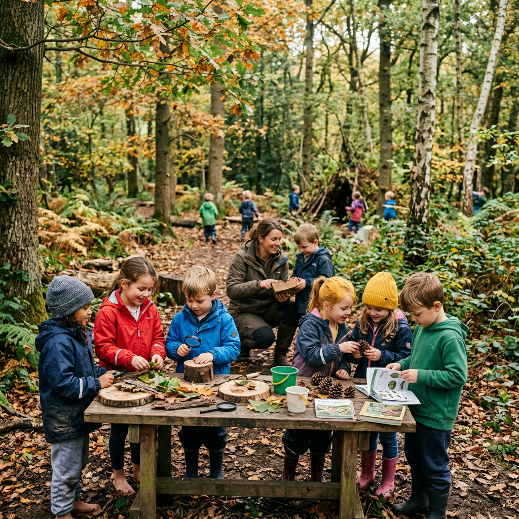 Group of children examining leaves, pinecones, and wood outdoors with a teacher