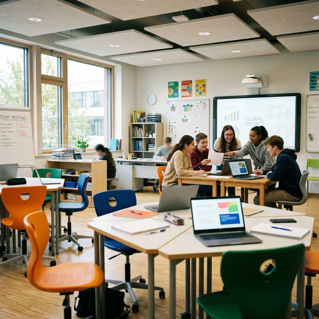 education Bright modern classroom with distant collaborating students