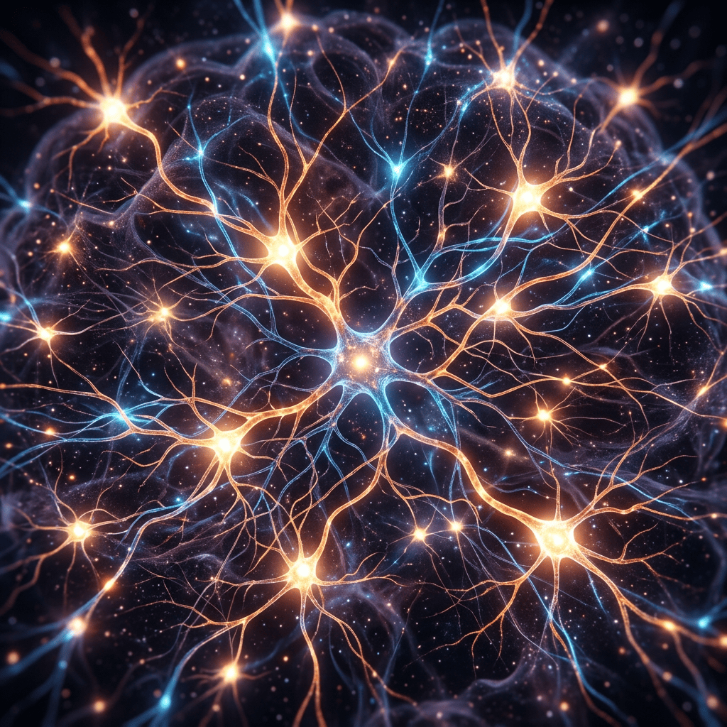 Brightly glowing neurons interconnected with blue and orange processes transmitting signals